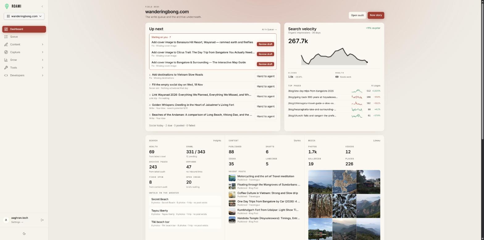RoamiOS dashboard for the WanderingBong project: write queue, search velocity, content and media counts