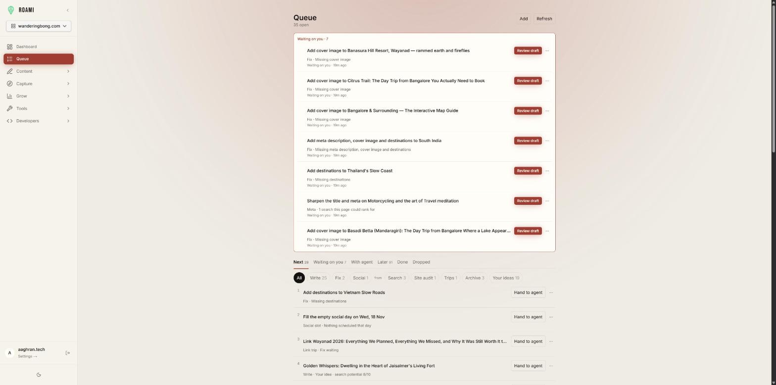 RoamiOS queue: fixes waiting on the human, work ready to hand to an agent