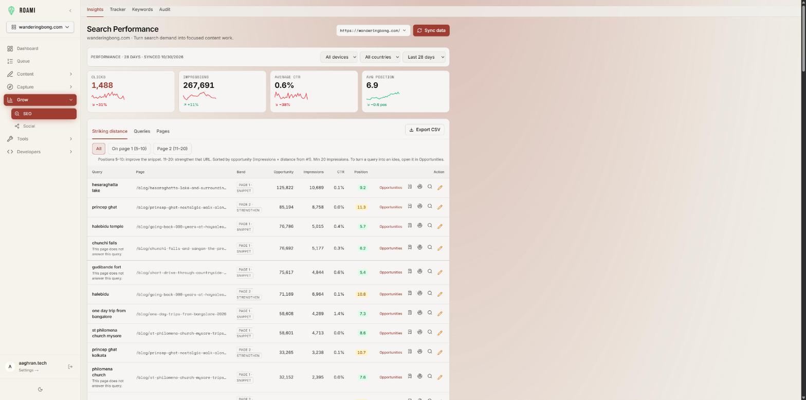 RoamiOS search performance: striking-distance queries from Search Console